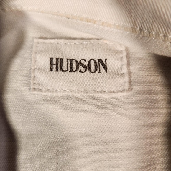 Hudson Jacket Womens Small White‎ Denim Trucker Button Front Union Jack Patch - Picture 2 of 8